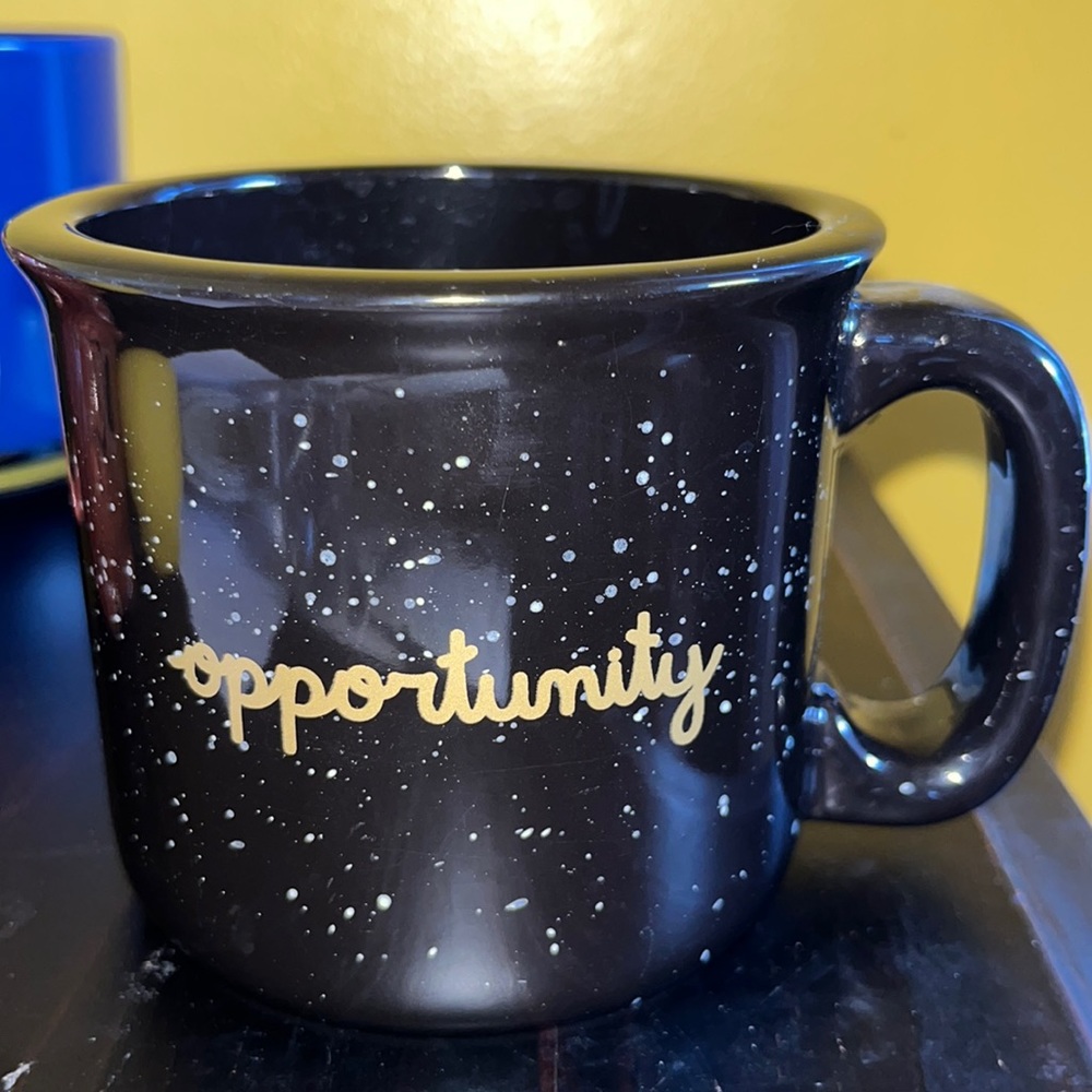 Camping mug black speckled mug “Opportunities”